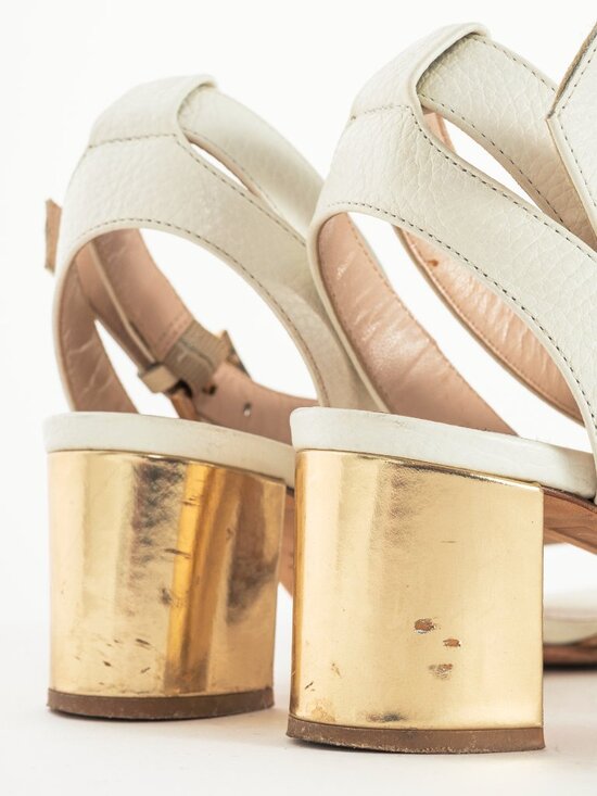 Escada SS14 White & Brown Snakeskin-Embossed T-Strap Mirror-Heel Sandals - Picture 8 of 10